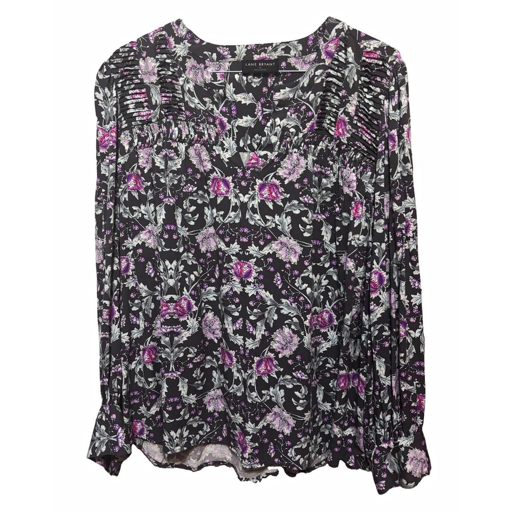 Lane Bryant Women's Plus 20 Floral Ruffle Woven Blouse, Long Sleeve, Black
